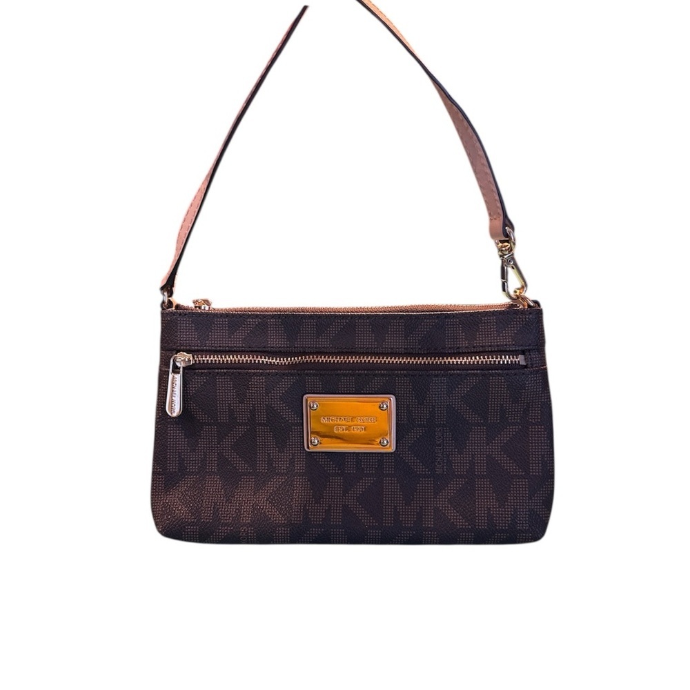 Michael Kors Black and Brown Wristlet mini bag designer leather MK clutch zip